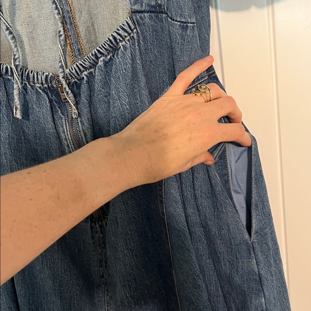 Anthropology Blue Denim Midi western Dress with Open Back and Pockets! - Picture 6 of 10